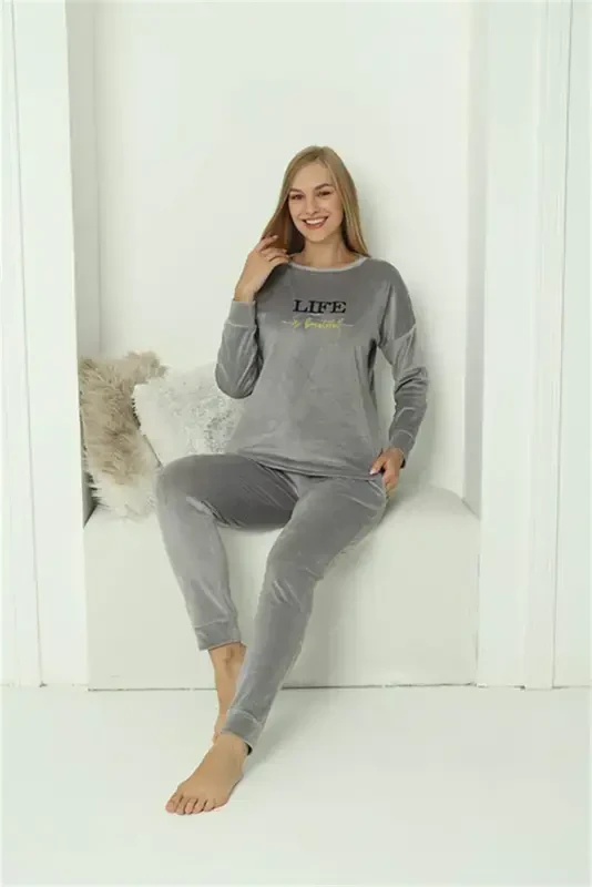 Комплект женской велюровой пижамы Angelino Intimates серый 20624 - 6