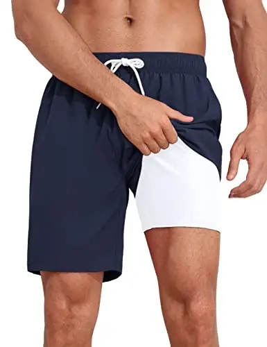Nonwe Mens Swim Trunks with Compression Liner Quick Dry Hawaiian Bathing Suits 2 in 1 Board Shorts with Pockets - NONWE