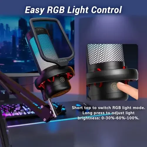 Kompyuter uchun Gaming USB mikrofon to'plami, TONOR RGB Kondenser Mikrafon Boom Arm Tez O'chirish, RGB Yoritish, Pop Filtr, Shock Mount, Oqim Podkast Yozuvi Discord Twitch YouTube TC310+ uchun Gain Control. - 5