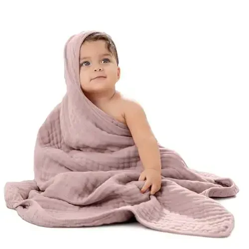 Comfy Cubs Hooded Baby Towel 1-Pack, Large 32 x 32 Inch - 6 Layer 100% Muslin Cotton for Babies, Toddlers and Kids - Soft & Absorbent Baby Bath Towels - Unisex Design for Bath Time - Mauve - 1