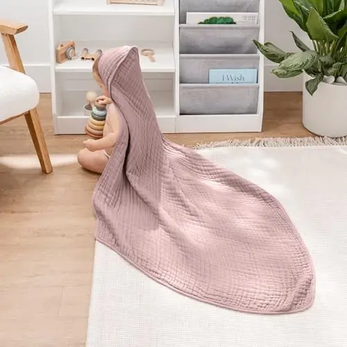 Comfy Cubs Hooded Baby Towel 1-Pack, Large 32 x 32 Inch - 6 Layer 100% Muslin Cotton for Babies, Toddlers and Kids - Soft & Absorbent Baby Bath Towels - Unisex Design for Bath Time - Mauve - 2