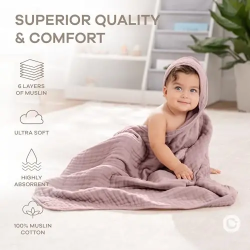 Comfy Cubs Hooded Baby Towel 1-Pack, Large 32 x 32 Inch - 6 Layer 100% Muslin Cotton for Babies, Toddlers and Kids - Soft & Absorbent Baby Bath Towels - Unisex Design for Bath Time - Mauve - 5