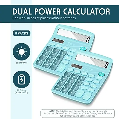 Konohan 8 Pieces 12-Digit Calculator, Solar Basic Desktop Calculator Large Display Electronic Dual Power Handheld for Home Office School(Blue) - 3