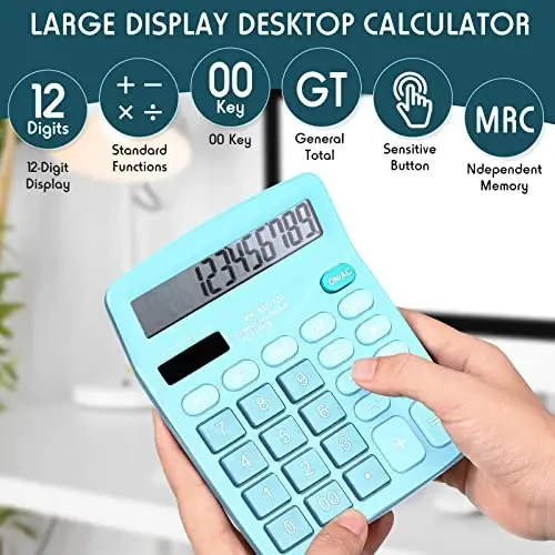 Konohan 8 Pieces 12-Digit Calculator, Solar Basic Desktop Calculator Large Display Electronic Dual Power Handheld for Home Office School(Blue) - 5