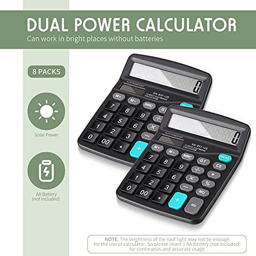 Konohan 8 Pieces 12-Digit Calculator, Solar Basic Desktop Calculator Large Display Electronic Calculators Dual Power Handheld Calculator for Home Office School (Black) - 3