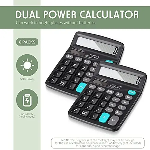 Konohan 8ta 12 xonali kalkulyator, Quyosh energiyali Basic ish stoli kalkulyatori Katta displeyli Elektron kalkulyatorlar Dual Power qoʻlda kalkulyator Uy-joy ofis maktab (Qora) - 3