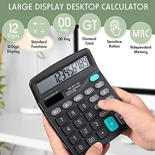 Konohan 8ta 12 xonali kalkulyator, Quyosh energiyali Basic ish stoli kalkulyatori Katta displeyli Elektron kalkulyatorlar Dual Power qoʻlda kalkulyator Uy-joy ofis maktab (Qora) - 5