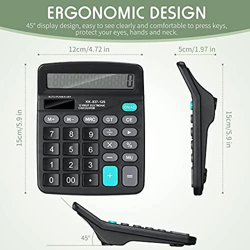 Konohan 8ta 12 xonali kalkulyator, Quyosh energiyali Basic ish stoli kalkulyatori Katta displeyli Elektron kalkulyatorlar Dual Power qoʻlda kalkulyator Uy-joy ofis maktab (Qora) - Konohan (1)