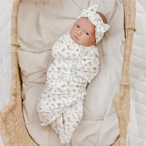 Konssy Baby Girl Newborn Receiving Blanket with Headband Set Baby Swaddle Nursery Swaddle Wrap - 4