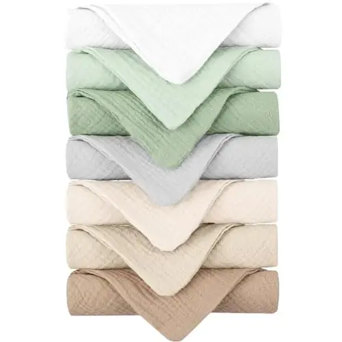 Konssy Baby Muslin Washcloths 7-Pack, 100% Cotton Baby Bath Washcloths, Soft & Absorbent Wash Cloths and Burp Cloths for Newborn Kids Girls & Boys, 11x11 inches 