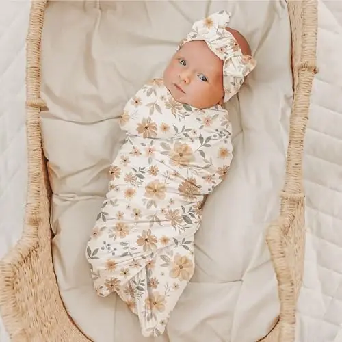 Konssy Baby Girl Newborn Receiving Blanket with Headband Set Baby Swaddle Nursery Swaddle Wrap - 2