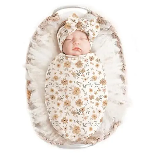 Konssy Baby Girl Newborn Receiving Blanket with Headband Set Baby Swaddle Nursery Swaddle Wrap - 5