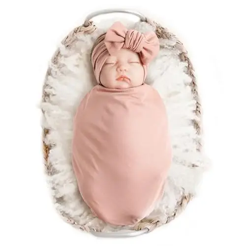Konssy Baby Girl Newborn Receiving Blanket with Headband Set Baby Swaddle Nursery Swaddle Wrap - 1