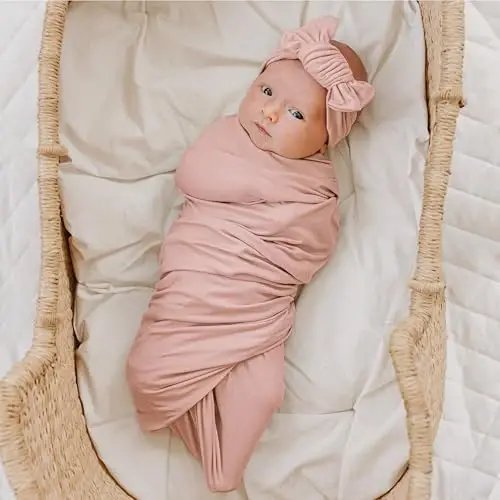 Konssy Baby Girl Newborn Receiving Blanket with Headband Set Baby Swaddle Nursery Swaddle Wrap - 3