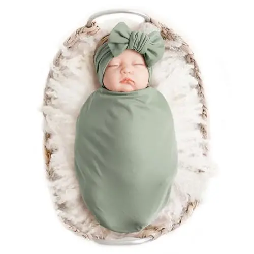 Konssy Baby Girl Newborn Receiving Blanket with Headband Set Baby Swaddle Nursery Swaddle Wrap - 1