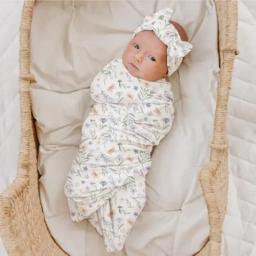 Konssy Baby Girl Newborn Receiving Blanket with Headband Set Baby Swaddle Nursery Swaddle Wrap - 4