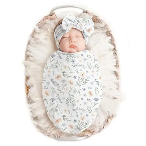 Konssy Baby Girl Newborn Receiving Blanket with Headband Set Baby Swaddle Nursery Swaddle Wrap - 1