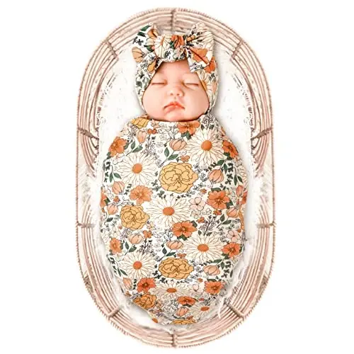 Konssy Baby Girl Newborn Receiving Blanket with Headband Set Baby Swaddle Nursery Swaddle Wrap 