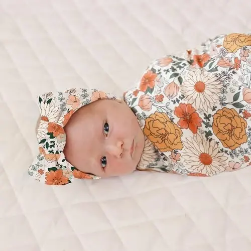 Konssy Baby Girl Newborn Receiving Blanket with Headband Set Baby Swaddle Nursery Swaddle Wrap - 6