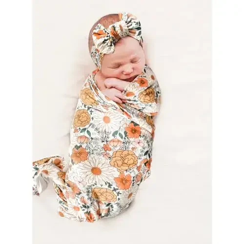 Konssy Baby Girl Newborn Receiving Blanket with Headband Set Baby Swaddle Nursery Swaddle Wrap - KONSSY (1)