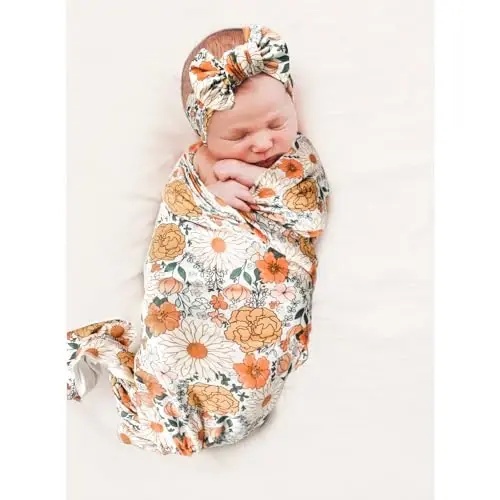 Konssy Baby Girl Newborn Receiving Blanket with Headband Set Baby Swaddle Nursery Swaddle Wrap - 2