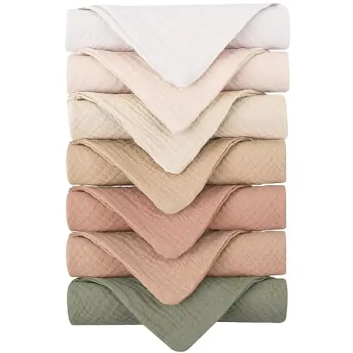 Konssy Baby Muslin Washcloths 7-Pack, 100% Cotton Baby Bath Washcloths, Soft & Absorbent Wash Cloths and Burp Cloths for Newborn Kids Girls & Boys, 11x11 inches 