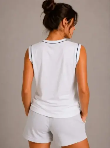 Kontrast Biyeli Kolsuz Atlet Bisiklet Yaka Yazlık Basic Atlet - Beyaz - 3