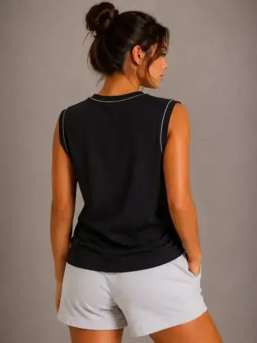 Kontrast Biyeli Kolsuz Atlet Bisiklet Yaka Yazlık Basic Atlet - Siyah - 3