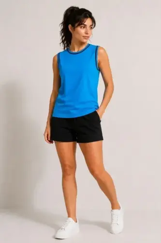 Kontrast Biyeli Kolsuz Atlet Bisiklet Yaka Yazlık Basic Atlet - Turkuaz - 4