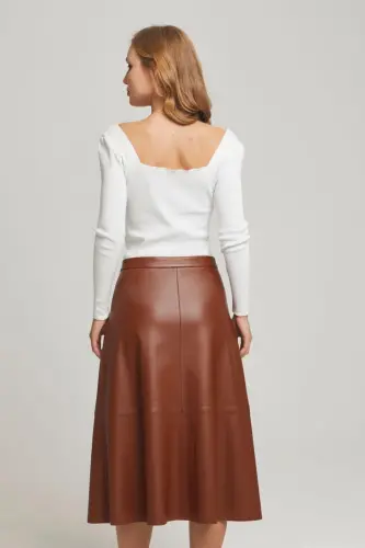 Konyak Kadın Önden Çıtçıt Kapamalı Kloş Uzun Hakiki Deri Etek-KONYAK - 3