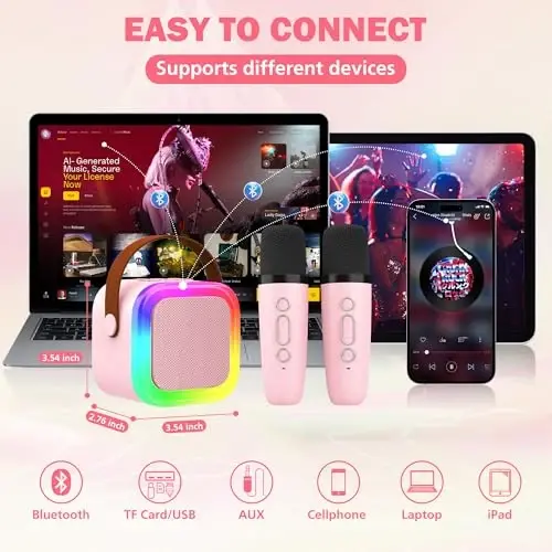 Koolcover Bolalar va Kattalar uchun Mini Karaoke Mashinasi, 2 ta Simsiz Mikrofonli Portativ Bluetooth Karnay, 4, 5, 6, 7, 8, 9, 10, 11, 12+ yoshli qizlar uchun O'yinchoqlar Tug'ilgan kun sovg'alari Oilaviy uy ziyofati (Pushti) - 4