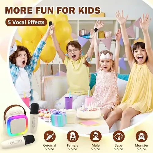 Koolcover Mini Karaoke Machine for Kids Adults, Portable Bluetooth Speaker with 2 Wireless Microphones,Toys Birthday Gifts for Girls Ages 4, 5, 6, 7, 8,9,10,11,12+ Family Home Party (Beige) - 3