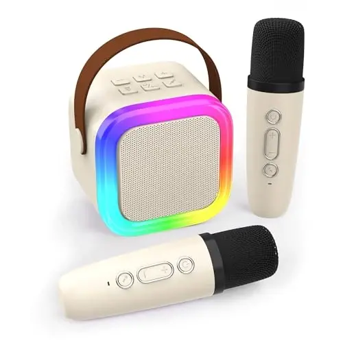 Koolcover Mini Karaoke Machine for Kids Adults, Portable Bluetooth Speaker with 2 Wireless Microphones,Toys Birthday Gifts for Girls Ages 4, 5, 6, 7, 8,9,10,11,12+ Family Home Party (Beige) - 1