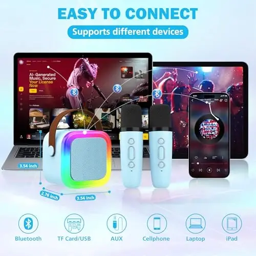 Koolcover Mini Karaoke Machine for Kids Adults, Portable Bluetooth Speaker with 2 Wireless Microphones,Toys Birthday Gifts for Girls Ages 4, 5, 6, 7, 8,9,10,11,12+ Family Home Party (Blue) - 4