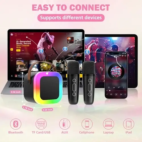 Koolcover Мини Караоке-машина для детей и взрослых, портативный Bluetooth-динамик с 2 беспроводными микрофонами, игрушки, подарки на день рождения для девочек 4, 5, 6, 7, 8, 9, 10, 11, 12+ для семейной домашней вечеринки (черный) - 4