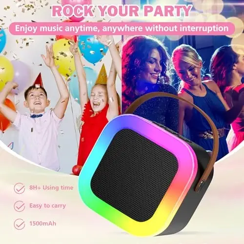 Koolcover Мини Караоке-машина для детей и взрослых, портативный Bluetooth-динамик с 2 беспроводными микрофонами, игрушки, подарки на день рождения для девочек 4, 5, 6, 7, 8, 9, 10, 11, 12+ для семейной домашней вечеринки (черный) - 5