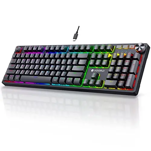 KOORUI Brown Switch bilan simli o'yin klaviaturalari, Volume Knob bilan Hot-Swap mexanik klaviatura, 26 RGB yoritilgan klaviatura, to'liq tugmachali Anti-Ghosting, PC uchun ikki rangli inyeksion kalpaklar - 1