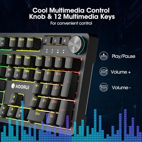 KOORUI Brown Switch bilan simli o'yin klaviaturalari, Volume Knob bilan Hot-Swap mexanik klaviatura, 26 RGB yoritilgan klaviatura, to'liq tugmachali Anti-Ghosting, PC uchun ikki rangli inyeksion kalpaklar - KOORUI (1)