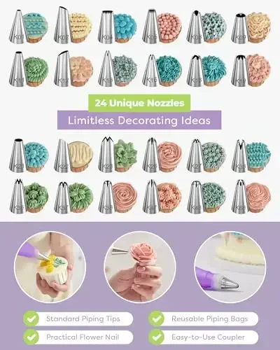 Kootek 32-Piece Piping Bags and Tips Set with 24 Icing Piping Tips, 2 Reusable Pastry Bags 12 Inch, Reusable Piping Icing Bags and Tips, Cake Decorating Kit for Frosting Cookie, Cupcake - KOOTEK (1)