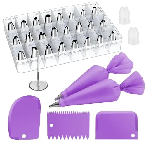 Kootek 32-Piece Piping Bags and Tips Set with 24 Icing Piping Tips, 2 Reusable Pastry Bags 12 Inch, Reusable Piping Icing Bags and Tips, Cake Decorating Kit for Frosting Cookie, Cupcake - 1