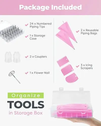 Kootek 32-Piece Piping Bags and Tips Set with 24 Icing Piping Tips, 2 Reusable Pastry Bags 12 Inch, Reusable Piping Icing Bags and Tips, Cake Decorating Kit for Frosting Cookie, Cupcake - 7