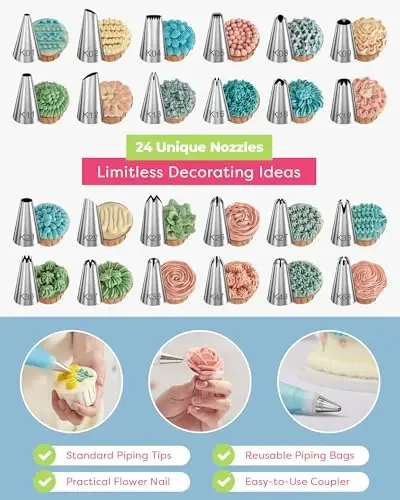 Kootek 32-Piece Piping Bags and Tips Set with 24 Icing Piping Tips, 2 Reusable Pastry Bags 12 Inch, Reusable Piping Icing Bags and Tips, Cake Decorating Kit for Frosting Cookie, Cupcake - KOOTEK (1)