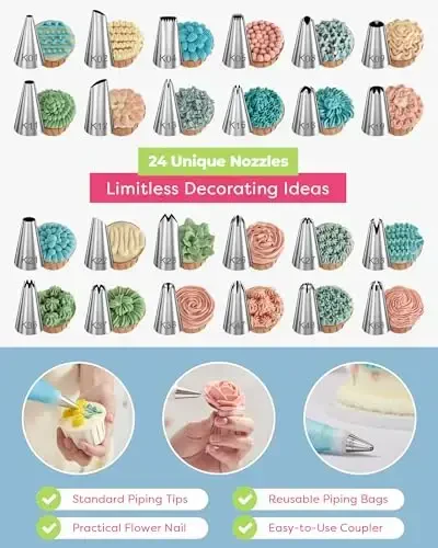 Kootek 32-Piece Piping Bags and Tips Set with 24 Icing Piping Tips, 2 Reusable Pastry Bags 12 Inch, Reusable Piping Icing Bags and Tips, Cake Decorating Kit for Frosting Cookie, Cupcake - 2