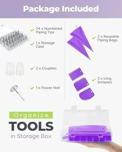 Kootek 32-Piece Piping Bags and Tips Set with 24 Icing Piping Tips, 2 Reusable Pastry Bags 12 Inch, Reusable Piping Icing Bags and Tips, Cake Decorating Kit for Frosting Cookie, Cupcake - 7