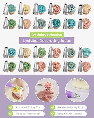 Kootek 32-Piece Piping Bags and Tips Set with 24 Icing Piping Tips, 2 Reusable Pastry Bags 12 Inch, Reusable Piping Icing Bags and Tips, Cake Decorating Kit for Frosting Cookie, Cupcake - KOOTEK (1)
