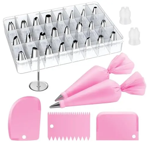 Kootek 32-Piece Piping Bags and Tips Set with 24 Icing Piping Tips, 2 Reusable Pastry Bags 12 Inch, Reusable Piping Icing Bags and Tips, Cake Decorating Kit for Frosting Cookie, Cupcake - KOOTEK