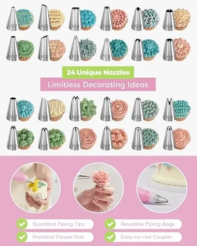 Kootek 32-Piece Piping Bags and Tips Set with 24 Icing Piping Tips, 2 Reusable Pastry Bags 12 Inch, Reusable Piping Icing Bags and Tips, Cake Decorating Kit for Frosting Cookie, Cupcake - 3