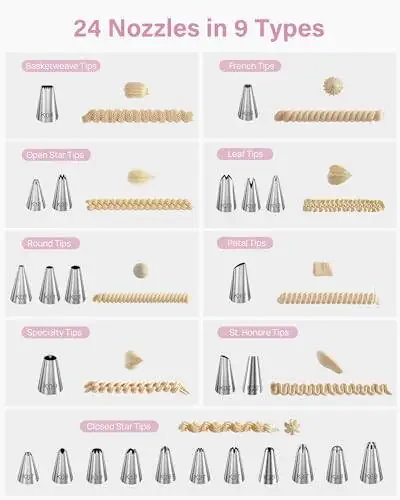 Kootek 32-Piece Piping Bags and Tips Set with 24 Icing Piping Tips, 2 Reusable Pastry Bags 12 Inch, Reusable Piping Icing Bags and Tips, Cake Decorating Kit for Frosting Cookie, Cupcake - 8