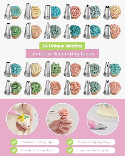 Kootek 32-Piece Piping Bags and Tips Set with 24 Icing Piping Tips, 2 Reusable Pastry Bags 12 Inch, Reusable Piping Icing Bags and Tips, Cake Decorating Kit for Frosting Cookie, Cupcake - Kootek (1)