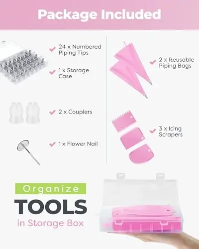 Kootek 32-Piece Piping Bags and Tips Set with 24 Icing Piping Tips, 2 Reusable Pastry Bags 12 Inch, Reusable Piping Icing Bags and Tips, Cake Decorating Kit for Frosting Cookie, Cupcake - KOOTEK (1)
